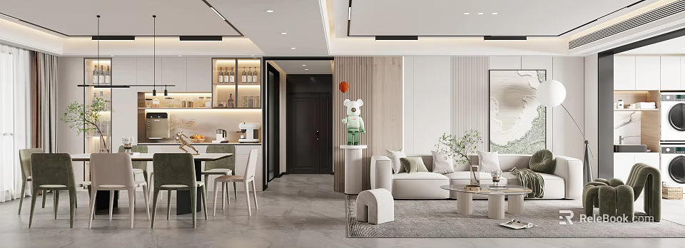 Modern Living Dining Room Interior Design With Sofa Dining Table Plants And Lighting 3d model