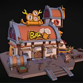 Cartoon Bar Scene With Orange Roof And Clock Decorations Wooden Barrels Benches And Stairs