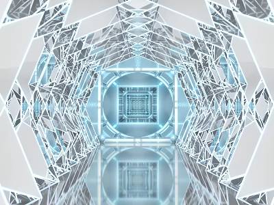Futuristic Elevator Corridor Interior With Geometric Metal Structures And Blue Lighting 3d model
