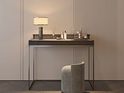 Modern Dressing Table Interior With Table Lamp Cosmetics Stool And Vertical Striped Wall 3d model