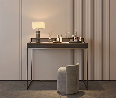 Modern Dressing Table Interior With Table Lamp Cosmetics Stool And Vertical Striped Wall 3d model