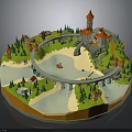 3D Scenic Castle Architecture Model with River Bridge Trees and Small Houses