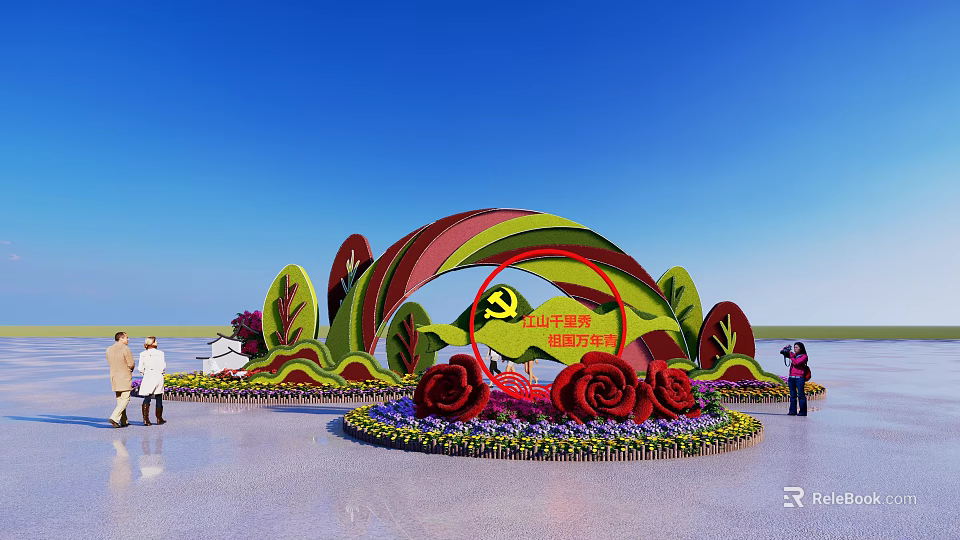 Decorative Flower Bed Planters With Rainbow Shaped Structure Roses And Green Leaves Under Blue Sky 3d model 