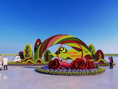Decorative Flower Bed Planters With Rainbow Shaped Structure Roses And Green Leaves Under Blue Sky 3d model