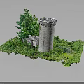 Medieval Stone Tower Model With Lush Green Vegetation And Stone Archway Details