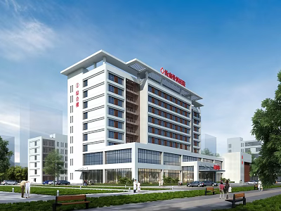 Modern Hospital Building Exterior With White High Rise Structure Red Logo Green Landscaping Trees And Benches 3d model