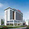 Modern Hospital Building Exterior With White High Rise Structure Red Logo Green Landscaping Trees And Benches