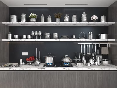 Modern Kitchen Tableware Set on Marble Shelves with Silver Utensils and Decor 3d model