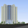 Modern High Rise Office Building With Glass Facade Surrounding Parking Lot And Landscaped Areas