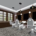 Elegant Barbershop Interior With Black Barber Chairs Mirrors And Patterned Tiled Floor