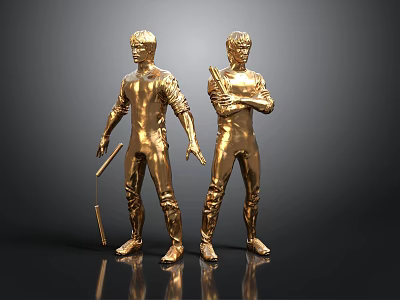 Golden Men Statues Standing Holding Sticks on Black Reflective Surface 3d model