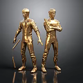 Golden Men Statues Standing Holding Sticks on Black Reflective Surface