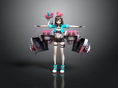 Futuristic Anime Female Character With Mechanical Creature Wings And Pink Blue Outfit 3d model
