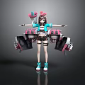 Futuristic Anime Female Character With Mechanical Creature Wings And Pink Blue Outfit