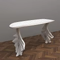 Stylish White Accent Table with Curved Legs Design on Herringbone Wooden Floor and Gray Wall