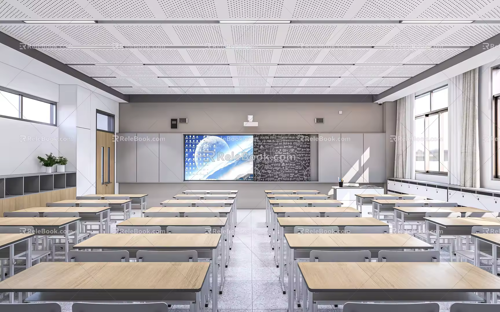 modern classroom desk platform blackboard desks and chairs 3d model