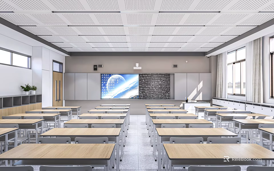 School Classroom With Rows of Desks Chairs Large Screen and Blackboard 3d model 