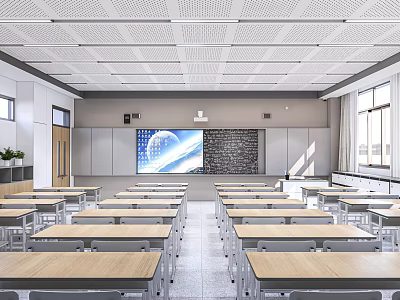 School Classroom With Rows of Desks Chairs Large Screen and Blackboard 3d model