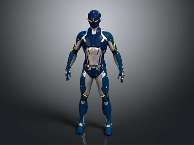 Futuristic Armored Character Suit In Blue Silver With Yellow Accents And Standing Pose 3d model