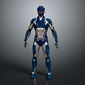 Futuristic Armored Character Suit In Blue Silver With Yellow Accents And Standing Pose