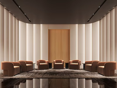 Modern Reception Area With Curved White Walls Wooden Panel Brown Armchairs Dark Reflective Floor And Rug 3d model