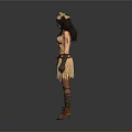 Woman In Tribal Inspired Costume With Fringe Skirt Headpiece Arm Cuffs And Tall Boots