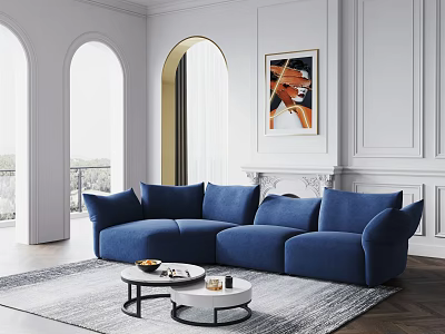 Blue Sectional Sofa In Modern Living Room With Arched Doorway Artwork And Coffee Tables 3d model