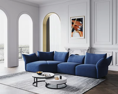 Blue Sectional Sofa In Modern Living Room With Arched Doorway Artwork And Coffee Tables 3d model