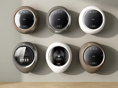 Modern Wall Mounted Washing Machines With Various Colors And Round Digital Control Panels 3d model