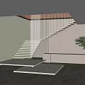 Modern Minimalist Interior Staircase With White Steps Hanging Curtains And Indoor Plant