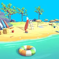 Cartoon Scene Of Tropical Island With Sandy Beach Trees Umbrellas Lounge Chairs Surfboards And Blue Sea