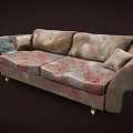 Vintage Style Two Seater Sofa With Red Blue Pattern Fabric And Gold Legs 3d model