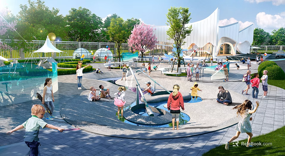 Family Friendly Garden Landscape With Children Play Area Fountain Cherry Blossom Trees And Modern Architecture 3d model 