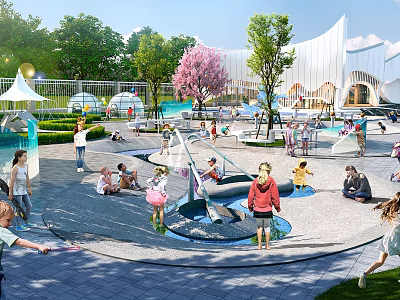 Family Friendly Garden Landscape With Children Play Area Fountain Cherry Blossom Trees And Modern Architecture 3d model