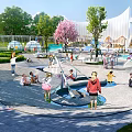 Family Friendly Garden Landscape With Children Play Area Fountain Cherry Blossom Trees And Modern Architecture