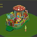 Inflatable Play Castle With Mushroom Shape And Cartoon Ladybug Decorations Near Green Ground With Child
