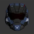 Futuristic Blue Combat Helmet With Red Stripe And Orange Visor Design