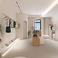 Clothing Store Interior With White Sofa Round Table Green Plant Wooden Doors And Display Shelves