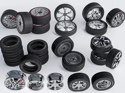 Various Stacked Automotive Tires And Wheel Rims With Different Designs Collection 3d model