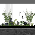 Serene Indoor Landscape With Bamboo Rocks Green Plants Small Statue And Circular Decoration