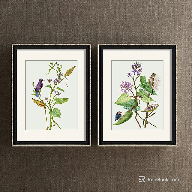 Framed Botanical Art Paintings With Plants Leaves Flowers And Butterflies 3d model 