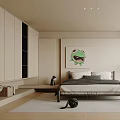 Modern Bedroom Interior With Bed Green Artwork Nightstand And White Accent Chair