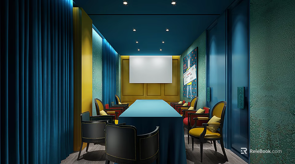 Private Box Interior Design With Long Table Blue Yellow Decor Curtains And Projection Screen 3d model 