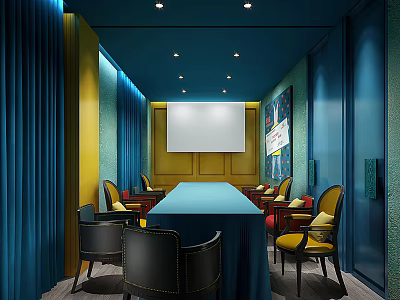 Private Box Interior Design With Long Table Blue Yellow Decor Curtains And Projection Screen 3d model