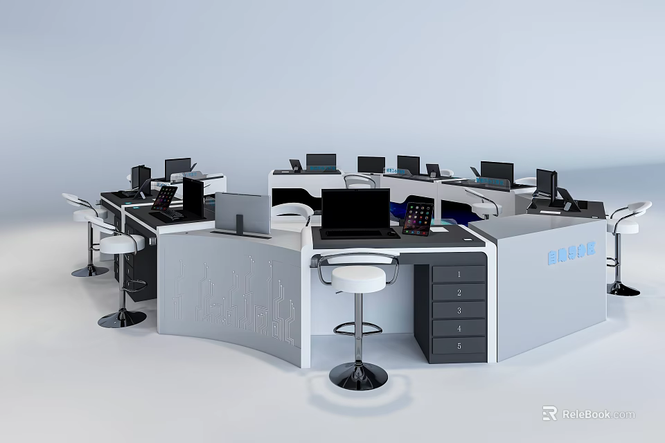 Modern Office Desks Workstation Setup With Computers Swivel Chairs And Storage Cabinets 3d model 