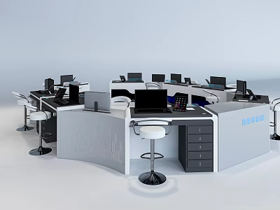 Modern Office Desks Workstation Setup With Computers Swivel Chairs And Storage Cabinets 3d model