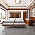 Traditional Chinese Interior Design With Wooden Furniture Carved Screens Calligraphy And Sofa Seating
