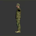 Man Wearing Camouflage Uniform Hat And Knee Pads Standing With Arms Outstretched On Grey Background