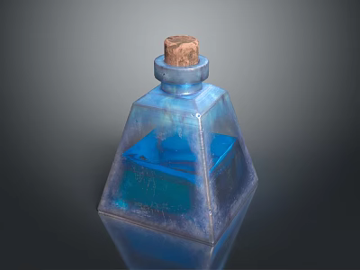 Blue Glass Bottle With Cork Stopper Transparent Body And Blue Liquid 3d model