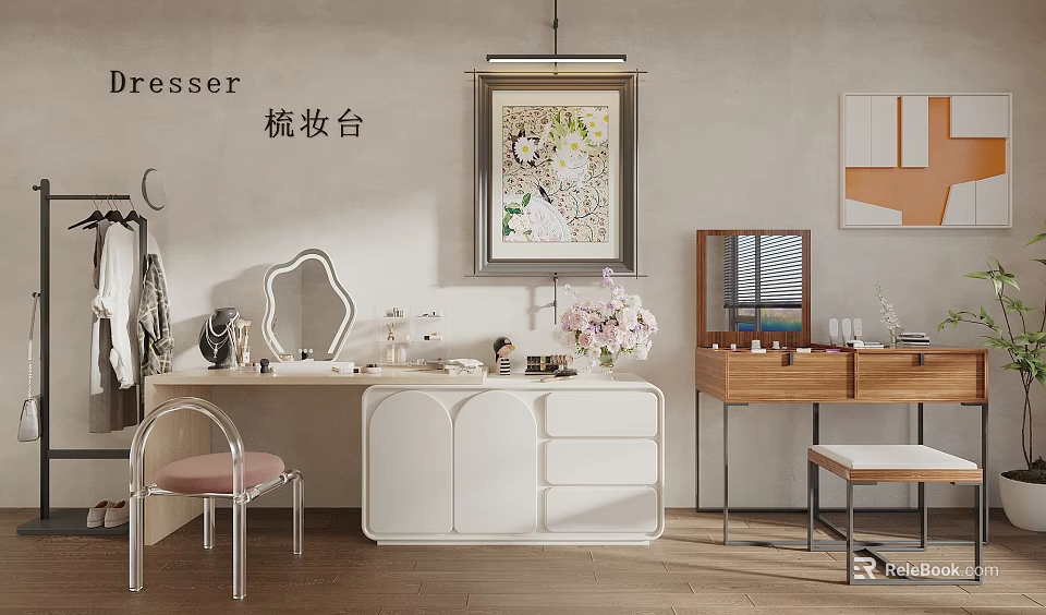 Modern Dresser With Mirror Chair Decorative Items And Wall Art For Bedroom 3d model 